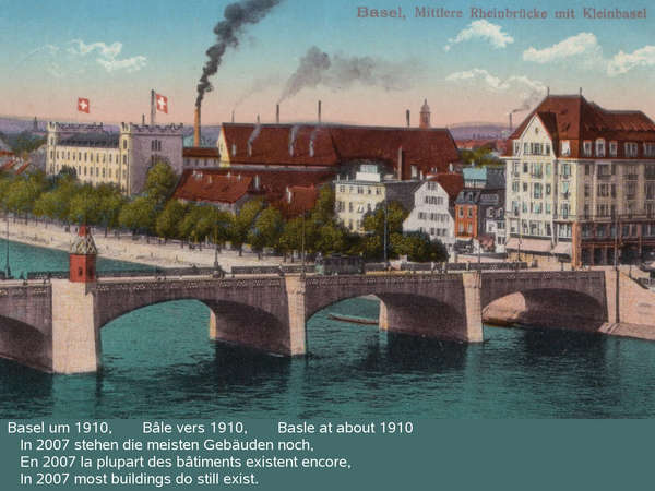 Bridges on the Rhine in Basel. The middle bridge 'Mittlere Brücke' and Kleinbasel at about 1910 when the stone bridge was quite new.