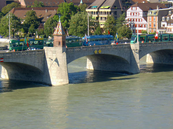 Bridges on the Rhine in Basel. The Käppelijoch on the central pier of the middle bridge 'Mittlere Brücke'.