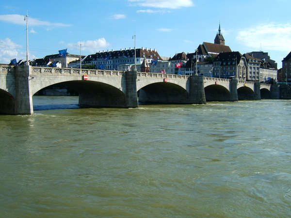 Bridges on the Rhine in Basel. The middle bridge 'Mittlere Brücke' and Grossbasel