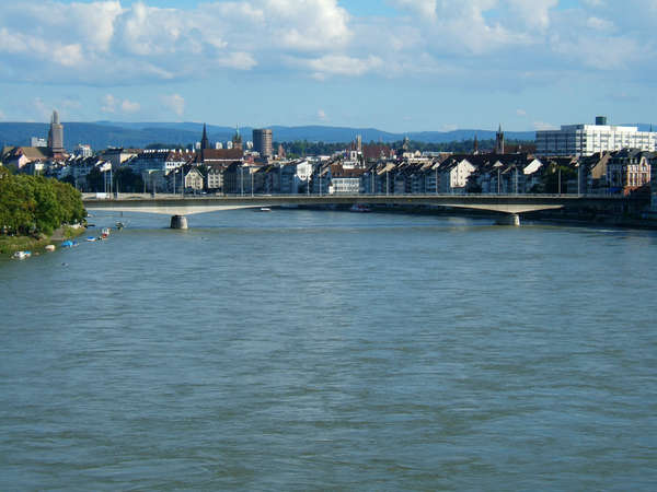 Bridges on the Rhine in Basel. Johanniterbrücke and Grossbasel seen from the north
